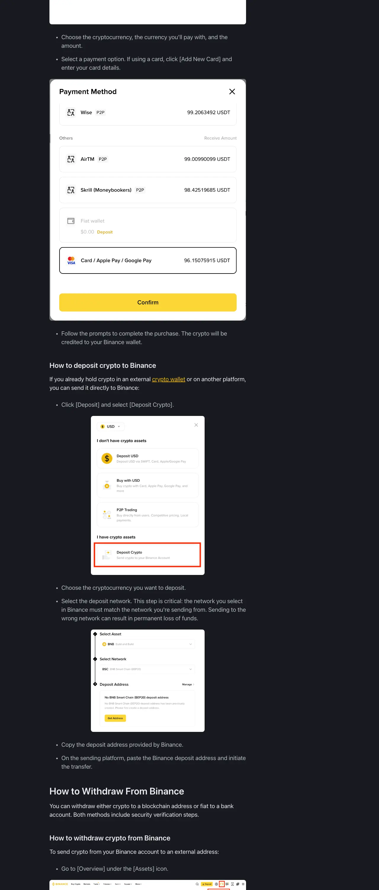 Binance Academy withdrawal guide showing the crypto withdrawal address and network steps