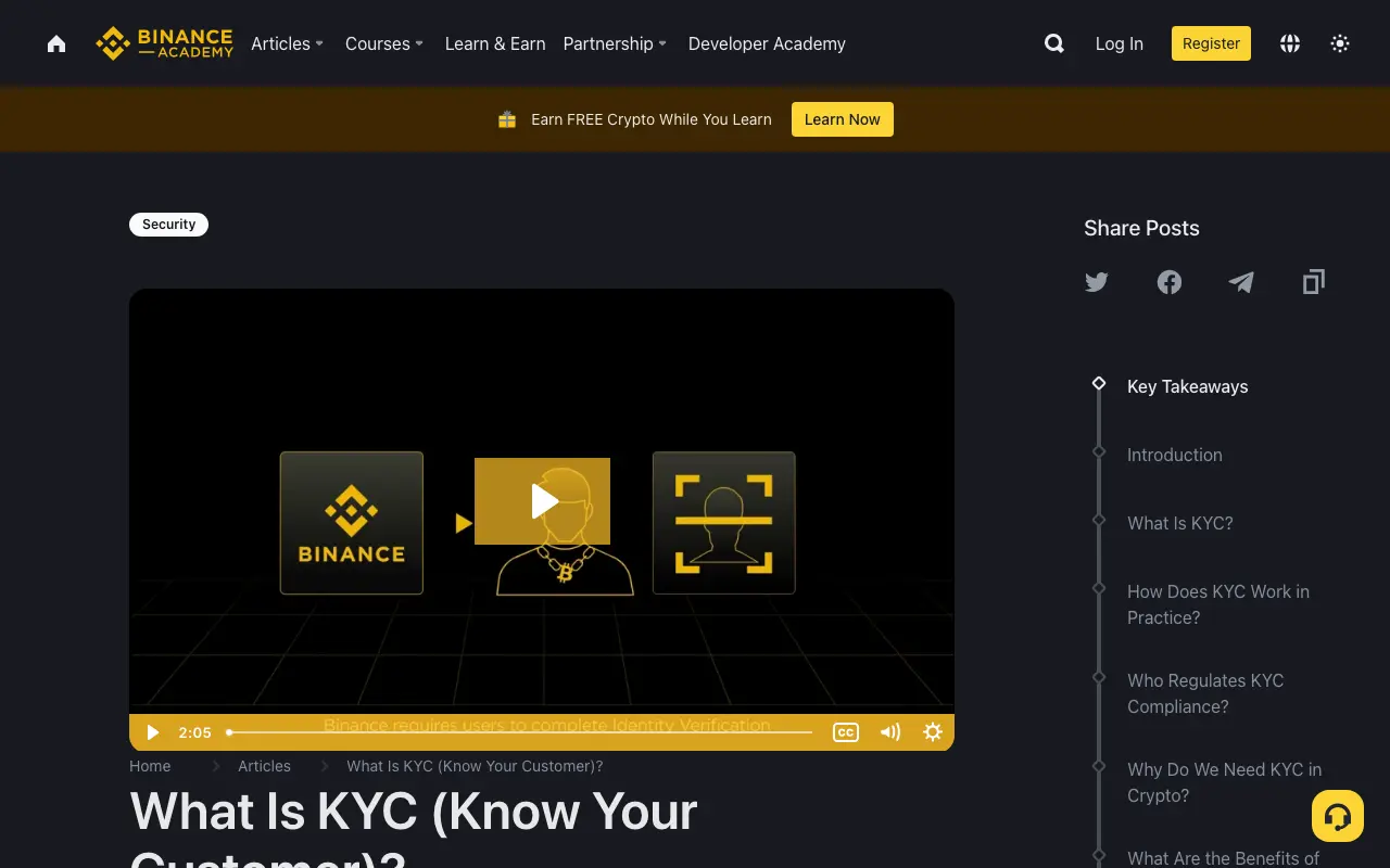 Binance Academy KYC page explaining identity and address verification