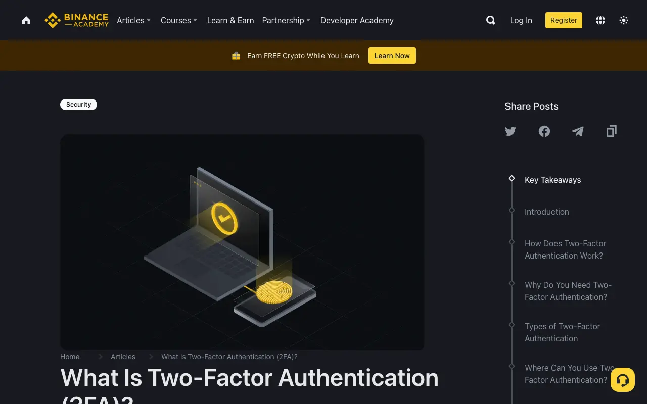 Binance Academy page explaining email, SMS, and authenticator-based two-factor authentication