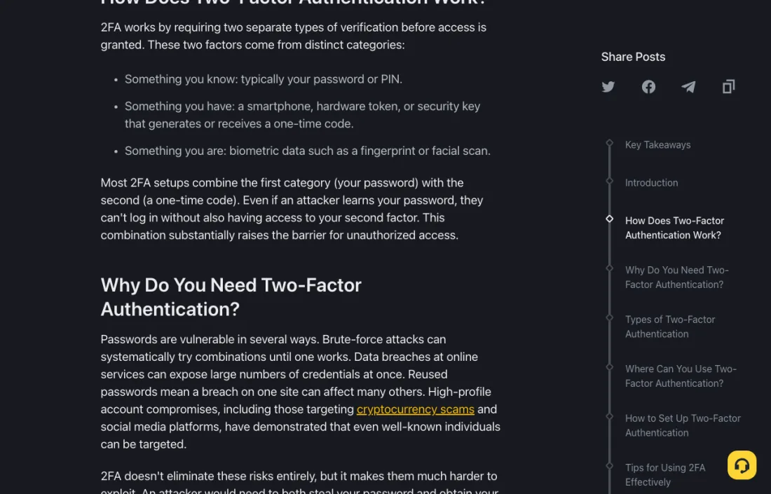Binance Academy page explaining how two-factor authentication works