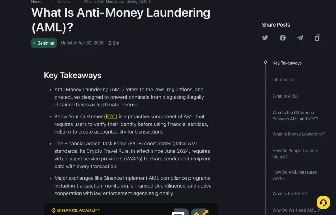 Binance Academy article explaining what Anti-Money Laundering (AML) means