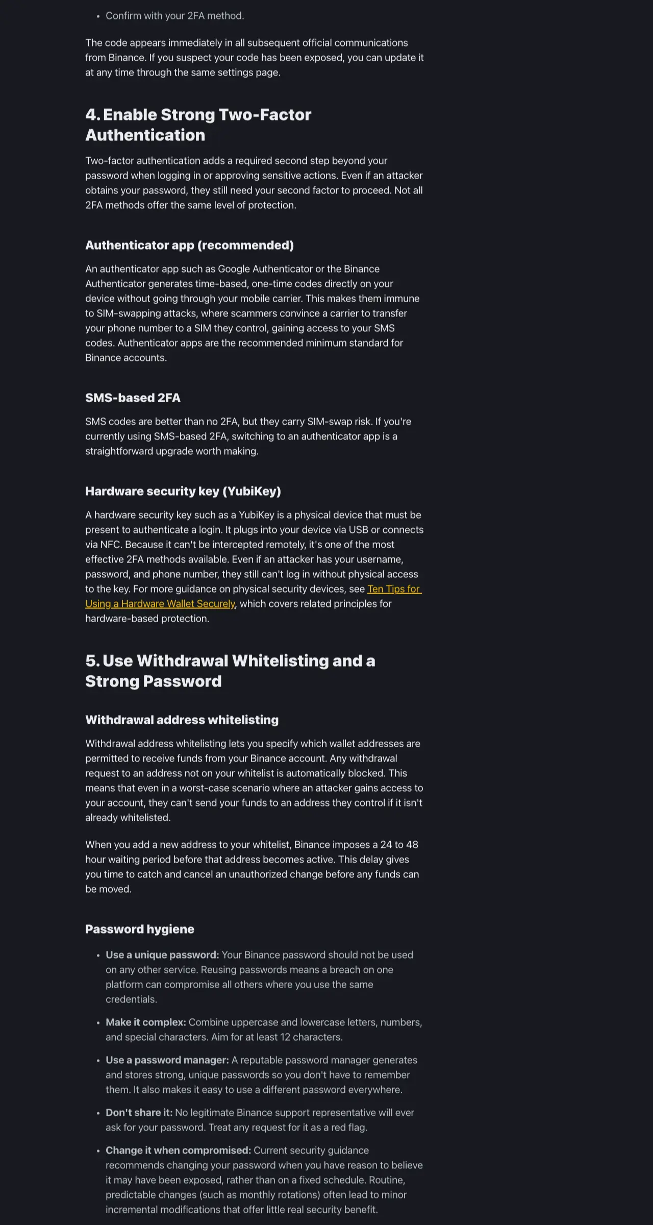 Binance Academy security article showing the Anti-Phishing Code section