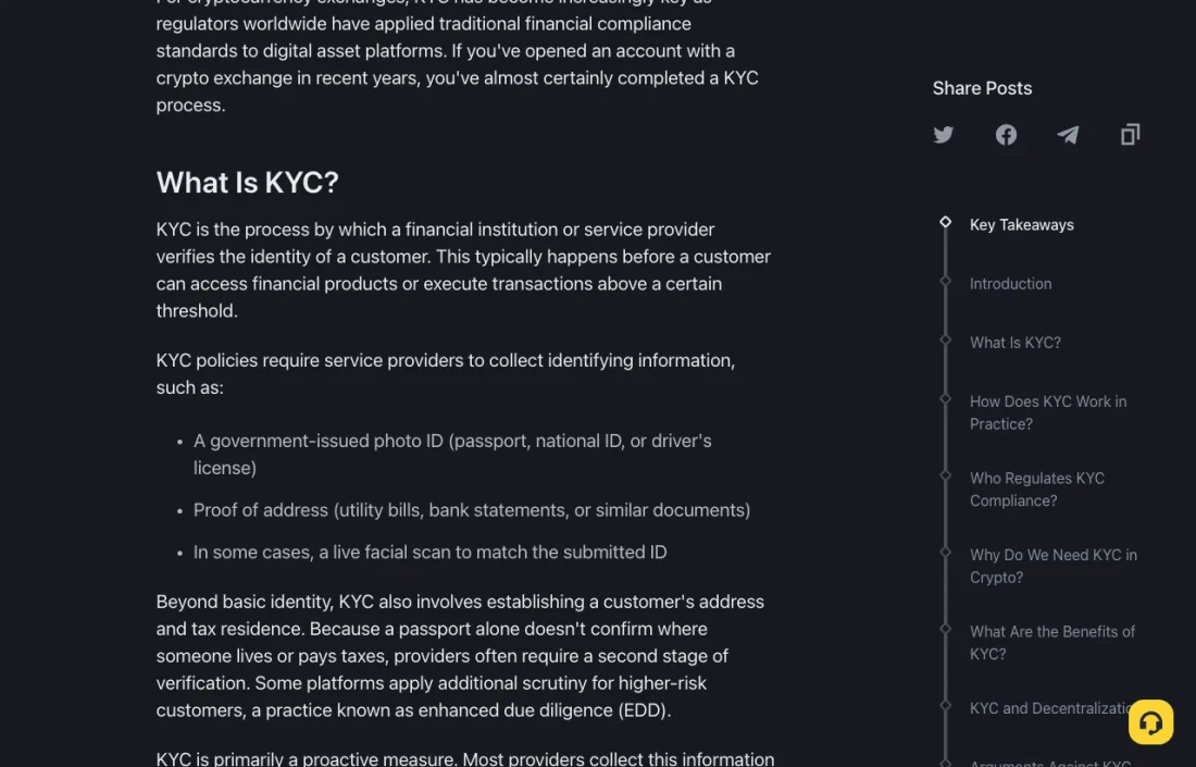 Binance Academy page describing the stages of KYC identity verification