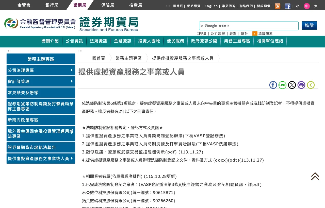 证期局“提供虚拟资产服务之事业或人员”专区，显示洗钱防制法第 6 条规定与已完成登记业者名单
